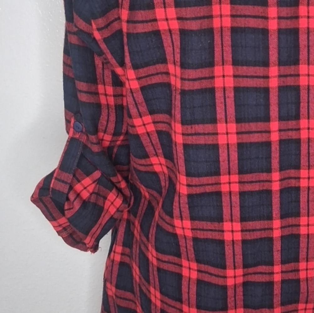 Jade Red Black Navy Plaid Flannel Dress Button Front Roll Tab Sleeve Small - Picture 8 of 14